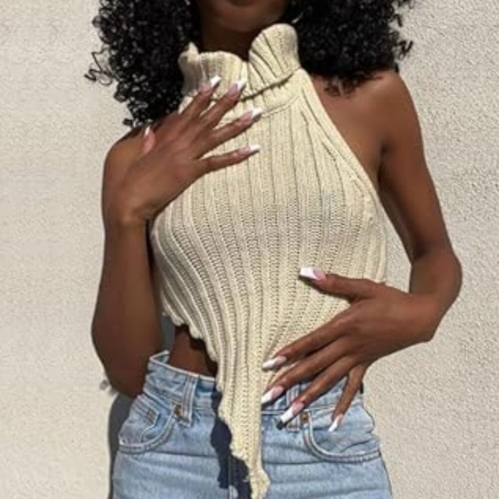 Women Halter Knitted Turtleneck Crop Tank Top
